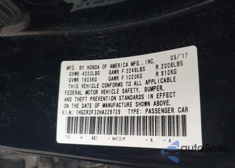 2017 Honda Accord Lx из США, поврежденный, VIN 1HGCR2F32HA226709